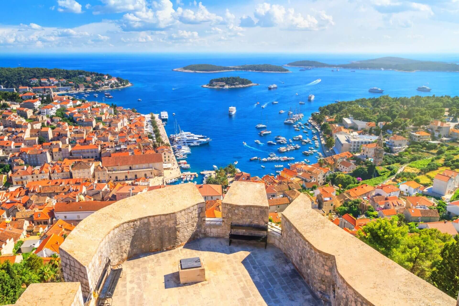 coastal-summer-landscape-top-view-of-the-city-harbour-and-marina-of-the-town-of-hvar-from-the-fortress-on-the-island-of-hvar-the-adriatic-coast-of-croatia-stockpack-istock